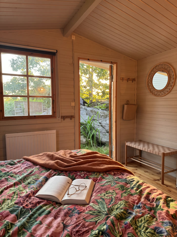 Utsikten från sängen mot trädgården